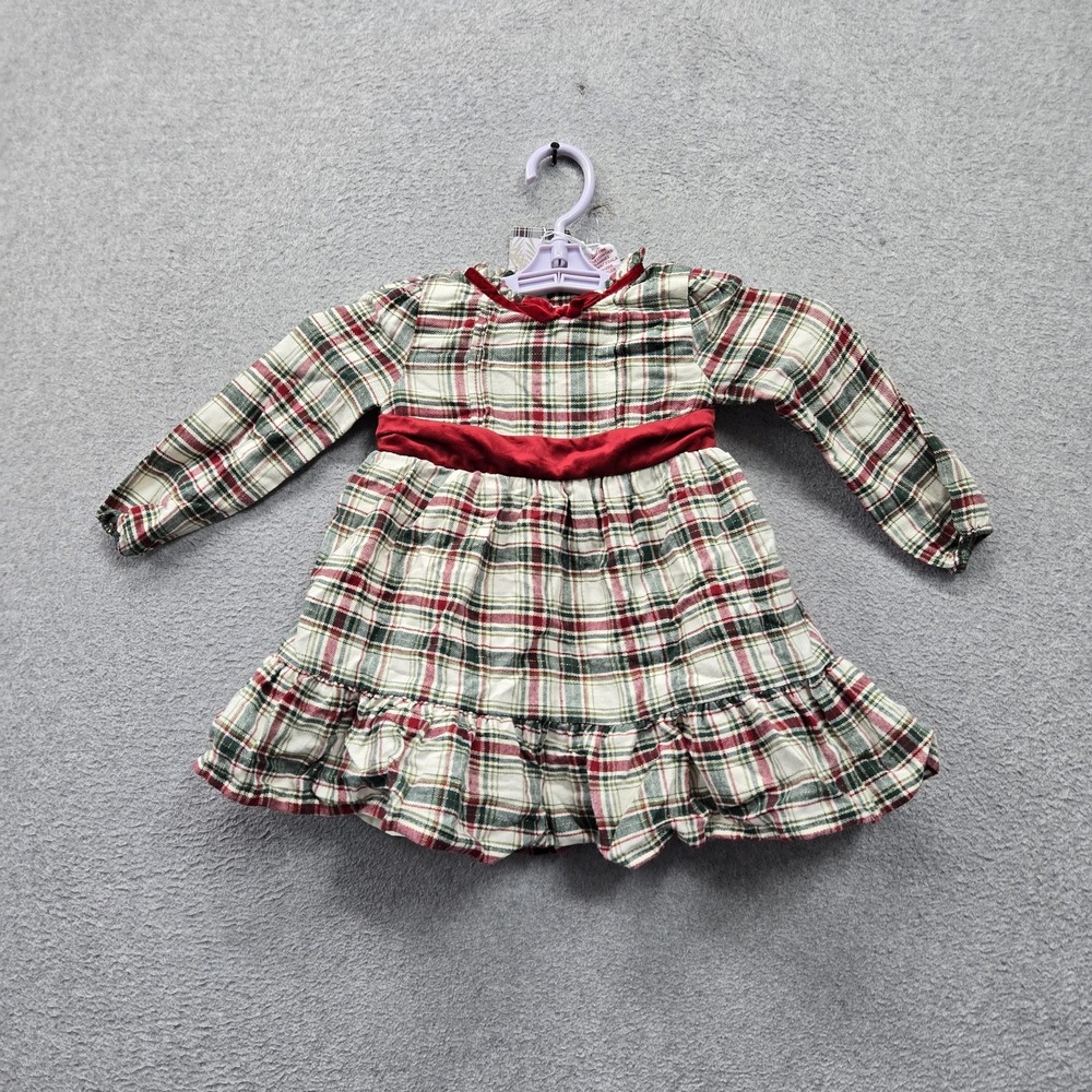 Tommy Bahama Girls Dress 24M Green Plaid Fit & Flare Bow Ruffle Long Sleeve